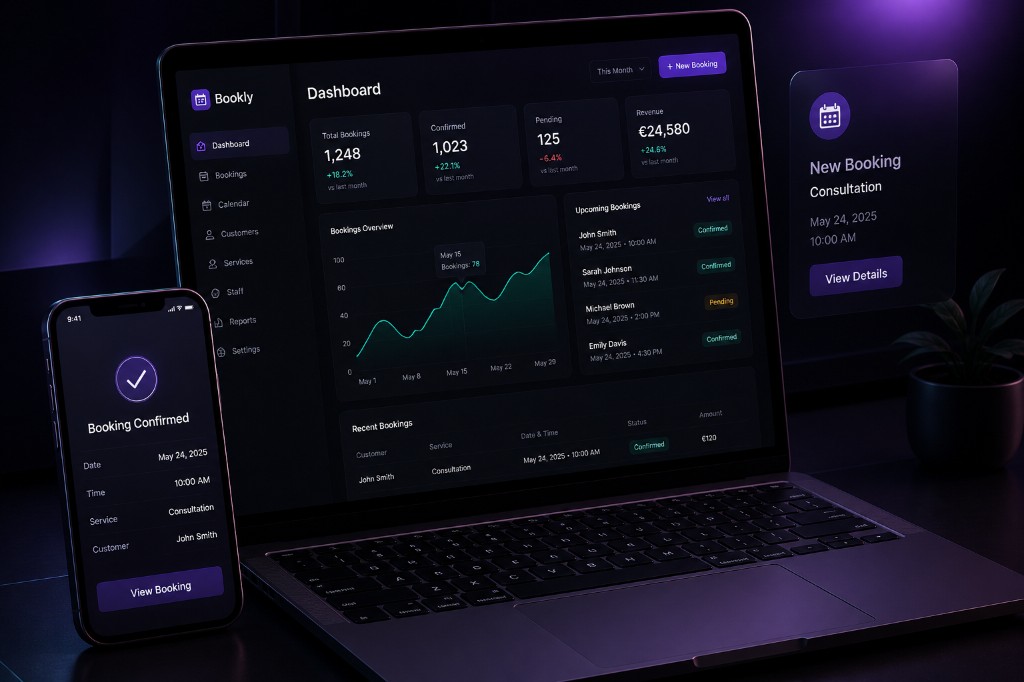 Booking system software: calendar dashboard, appointments, revenue and mobile booking confirmation