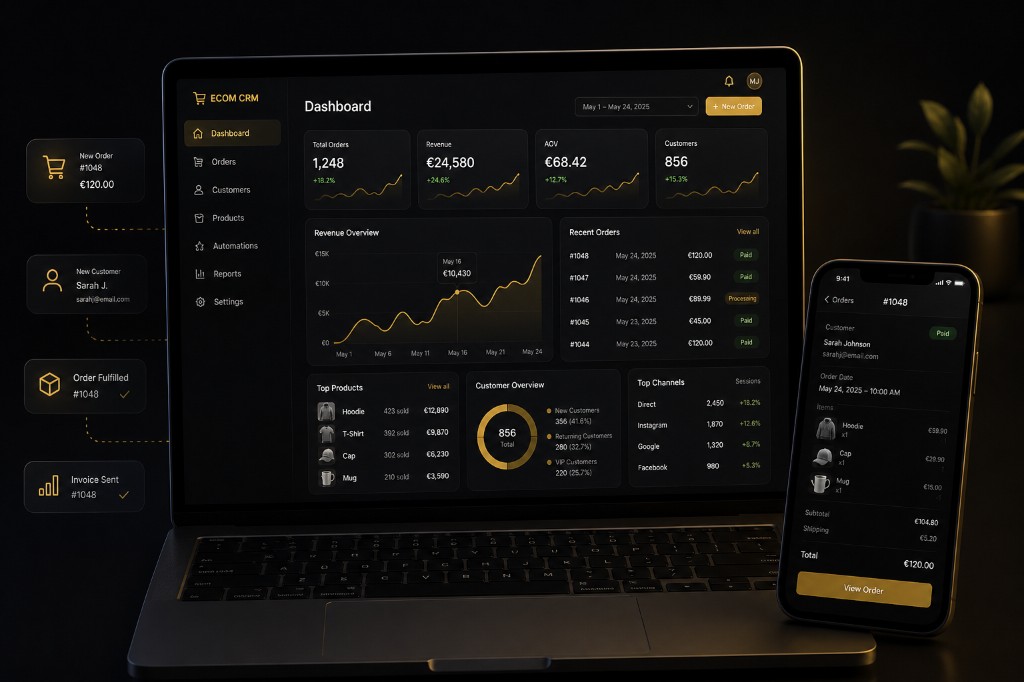 Ecommerce CRM operations dashboard with orders, revenue, customers and mobile order view