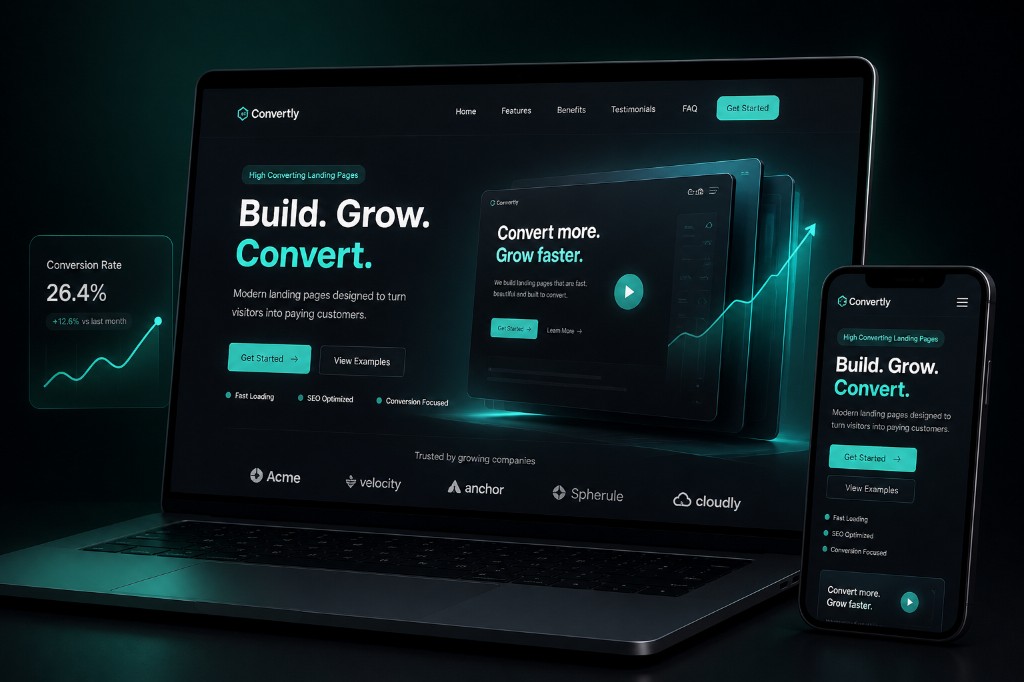 High-converting landing page design: hero, CTAs, speed and conversion focus on desktop and mobile