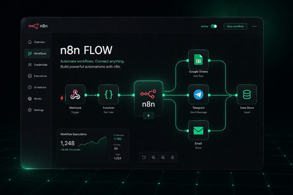 n8n automation workflow: webhook, data processing, Google Sheets, Telegram, email and data store
